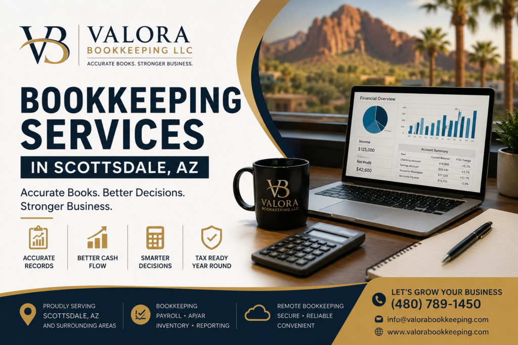 Bookkeeping services in Scottsdale AZ by Valora Bookkeeping LLC with financial dashboard, calculator, and laptop showing business accounting reports